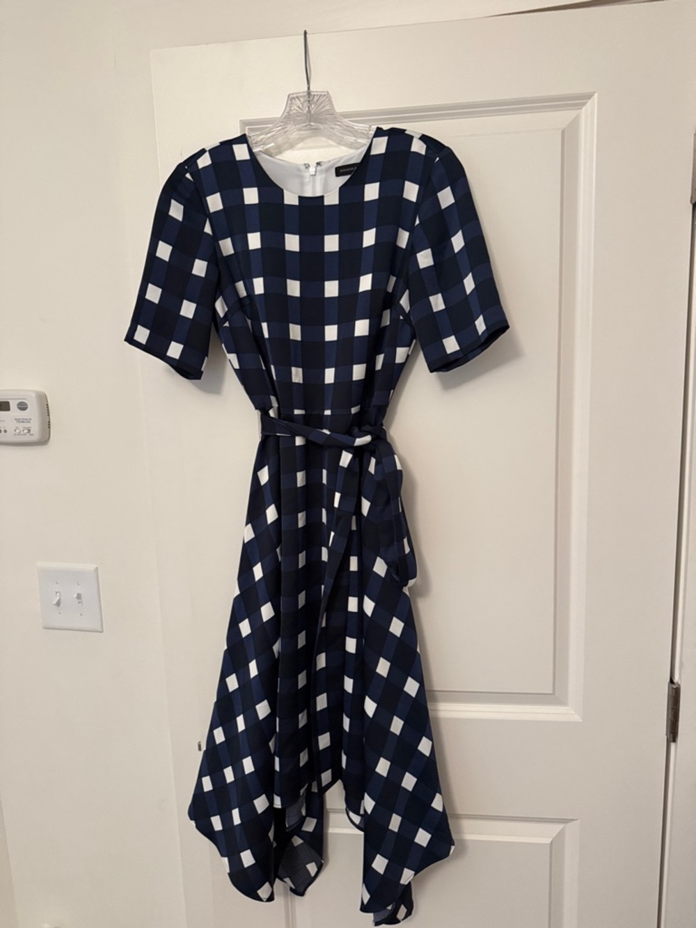 Banana Republic Navy and White Check High-Low Tie-Waist Dress